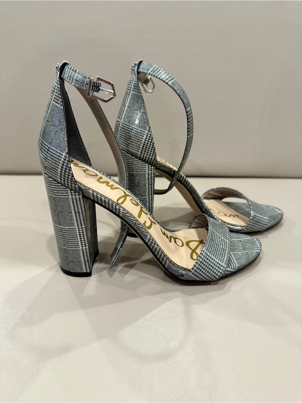 Sam Edelman Gray Plaid Block-Heel Ankle Strap Sandals - Picture 5 of 9